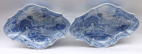 A pair of 19th Century Spode Lobed Formed Dishes, decorated with a blue printed design of a tower-