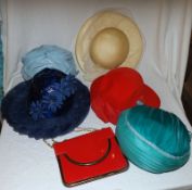 A small collection of assorted Vintage Hats; together with a 1960s Red Plastic Shoulder Bag