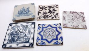 A Mixed Lot of various Tiles, includes two 18th Century Delft Tiles, one decorated in manganese with