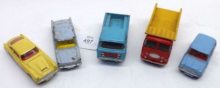 CORGI TOYS NOS 217, 218 ETC, five unboxed 1960s Corgi Vehicles including 217 Fiat 1800, 218 Aston