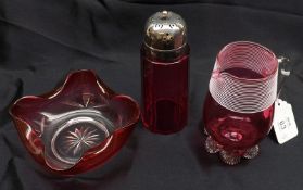 A Mixed Lot comprising: a Cranberry Glass Octagonal Sugar Sifter with plated lid; a small
