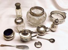 A Mixed Lot comprising: two Lidded Mustard Pots; Salt with blue glass liner; Butter Dish with