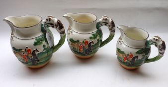 A graduated set of three Wedgwood Jugs, Pattern No C3529, decorated with coloured hunting scene, (