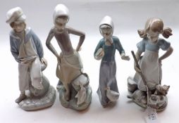 A group of three Lladro Figures comprising: girl with well bucket; girl with kittens; boy with toy