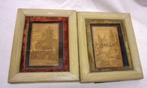 A pair of Framed Mexican Grass Mosaic Pictures, depicting a figure on boat and a church, 8” high (