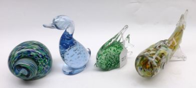 A Mixed Lot comprising: two Coloured Glass Models of Fish; a similar Snail Shell and a Blue Glass