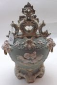 A large 19th Century Austrian Blue, White and Pink Lidded Vase, decorated with raised design of