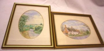 A pair of Diane Branscombe Miniature Paintings on ceramic backs, Harvest Time Wiveton and Pink