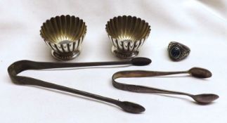 A Mixed Lot comprising: a pair of small Victorian Salts with fluted bowls; two pairs of Sugar Nips
