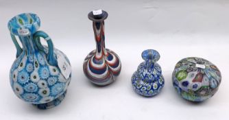 A Mixed Lot of 20th Century Art Glass Wares, comprising: a Murano Millefiori two-handled Baluster