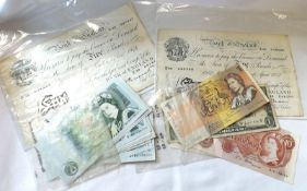 UK two Five Pound Bank Notes Peppiatt E 39 097447 + Beale X49 048590 + fourteen other mainly UK Bank