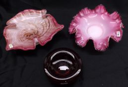 A Mixed Lot comprising: two Pink Art Glass Ashtrays with frilled edges; together with a further