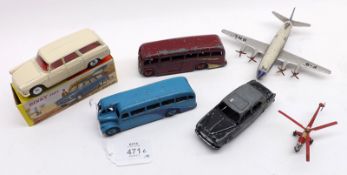 A Mixed Lot of Dinky Toys comprising: a two-tone blue Half Cab Coach No 28E; a maroon and cream