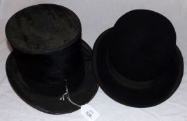 A Joshua Turner Gents Black Silk Top Hat; together with a Black Felt Bowler Hat (both in worn and as