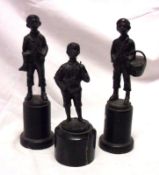 Three small 20th Century Bronze Models of young boys, raised on round marble plinths, largest 6 ½”