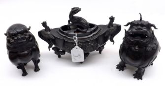 A Black Patinated Bronze Censor of oval form, the pierced lid applied with a deer finial and