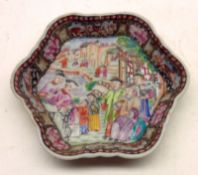 A Chinese Small Hexagonal Dish, the centre painted in colours with an extensive scene of figures,