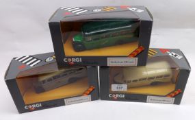 A collection of three Corgi Classics Bedford type OB Coaches, various coloured liveries