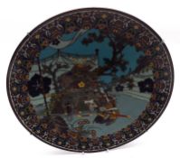 A Cloisonné Circular Plate, the centre well-decorated in colours with central motif of a warrior and