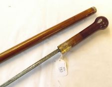 Vintage Swordstick, tapering triangular blade 26 ¾”, wooden grip and scabbard