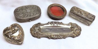 A Mixed Lot comprising: a small Embossed Pin Tray with Birmingham hallmark; a heart-shaped Trinket