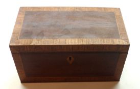 A 19th Century Mahogany Crossbanded Tea Caddy of typical rectangular form, hinged lid, lacks most of