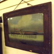 A 19th Century Reverse Painted on Glass Picture of a paddle steamer, The Princess Alice, in carved