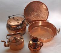 A Mixed Lot of various Copper Wares: Kettle, Stew Pot, two-handled Pancheon, circular Tray and