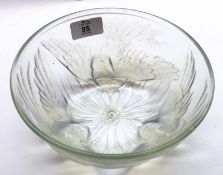 A Round Vaseline Glass Bowl in Lalique style, decorated with design of three birds, marked Reg No