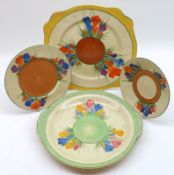 A Mixed Lot of Clarice Cliff Crocus pattern Wares, comprising a Saucer, small Side Plate, 9”