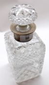 A 20th Century Square Cut Glass Clear Spirit Decanter, with silver collar and mushroom stopper, 9”
