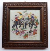 A 20th Century Framed Oriental Fabric Picture of a procession with elephants