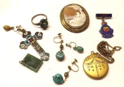 A Mixed Lot including an Enamelled Cross; Cameo Brooch; Turquoise Ring; two pair of Turquoise