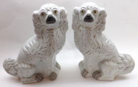 A pair of large Staffordshire Models of seated spaniels, with naturalistic faces and gilded