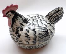 A Price Kensington Chicken-shaped Egg Crock decorated in pink and black on a cream background, 8”