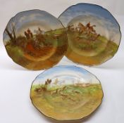 A group of three Crown Ducal Plates, decorated with hunting scenes, all approx 10” wide (wear to