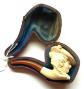 A short Meerschaum Pipe, bowl modelled as a young lady’s head in floral decorated hat, 4” long