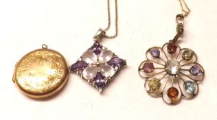 A Mixed Lot comprising: a Gold Plated Engraved Circular Locket; a multi-stone Pendant on trace chain