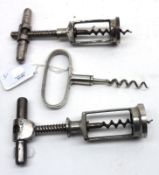 A Mixed Lot of three Vintage Corkscrews comprising: two “T” Bar and Ratchet examples and a further