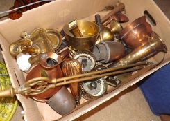 A Mixed Lot of various Copper and Brass including: Jugs, Chamber Stick, Tongs etc