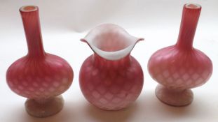 A Mixed Lot comprising: a pair of Victorian Pink Glass Stem Vases, a similar Vase with frilled