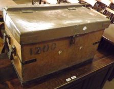 A vintage leather covered Car Truck with metal bindings, 27” wide (top has been brown painted)