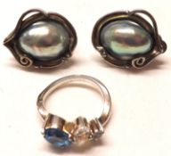 A white metal blue and white stone Dress Ring, stamped “.925”; together with a pair of blister pearl