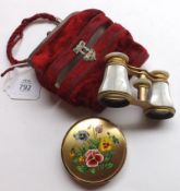 A Mixed Lot: pair of Vintage Mother-of-Pearl Mounted Opera Glasses, in red plush-lined case;