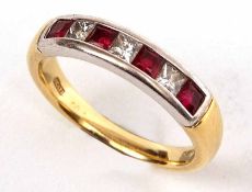 A hallmarked 18ct Gold four Princess Cut Diamond and four Princess Cut Ruby Half-Hoop Ring,