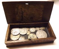 A small Antique Oak Box containing a small quantity of Silver Coinage including 1820 Crown, 1786