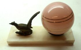 An unusual Art Deco styled Desk Lamp, fitted with pink glass globe shade and pheasant decoration