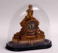 A late 19th Century French Gilt Spelter and Porcelain Mounted Mantel Clock, the shaped case