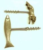 Two Queen Elizabeth II Novelty Corkscrews, one modelled as a fox and the other as a fish, probably