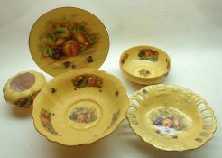 A Mixed Lot: Aynsley Orchard Gold China Wares, comprising a round Pedestal Fruit Bowl, a further
